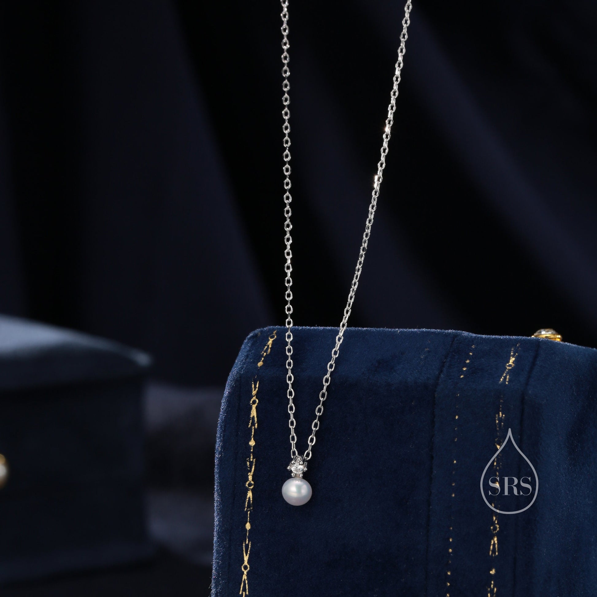 Natural Pearl and CZ Necklace in Sterling Silver with a Satellite Chain, Genuine Freshwater Pearl Pendant Necklace in Sterling Silver