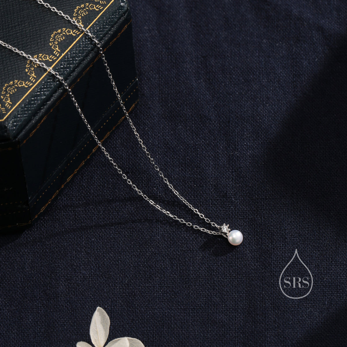 Natural Pearl and CZ Necklace in Sterling Silver with a Satellite Chain, Genuine Freshwater Pearl Pendant Necklace in Sterling Silver