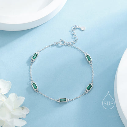 Baguette CZ Satellite Bracelet in Sterling Silver, Silver or Gold, Five Baguette CZ Bracelet, Chain Bracelet, Delicate CZ Bracelet