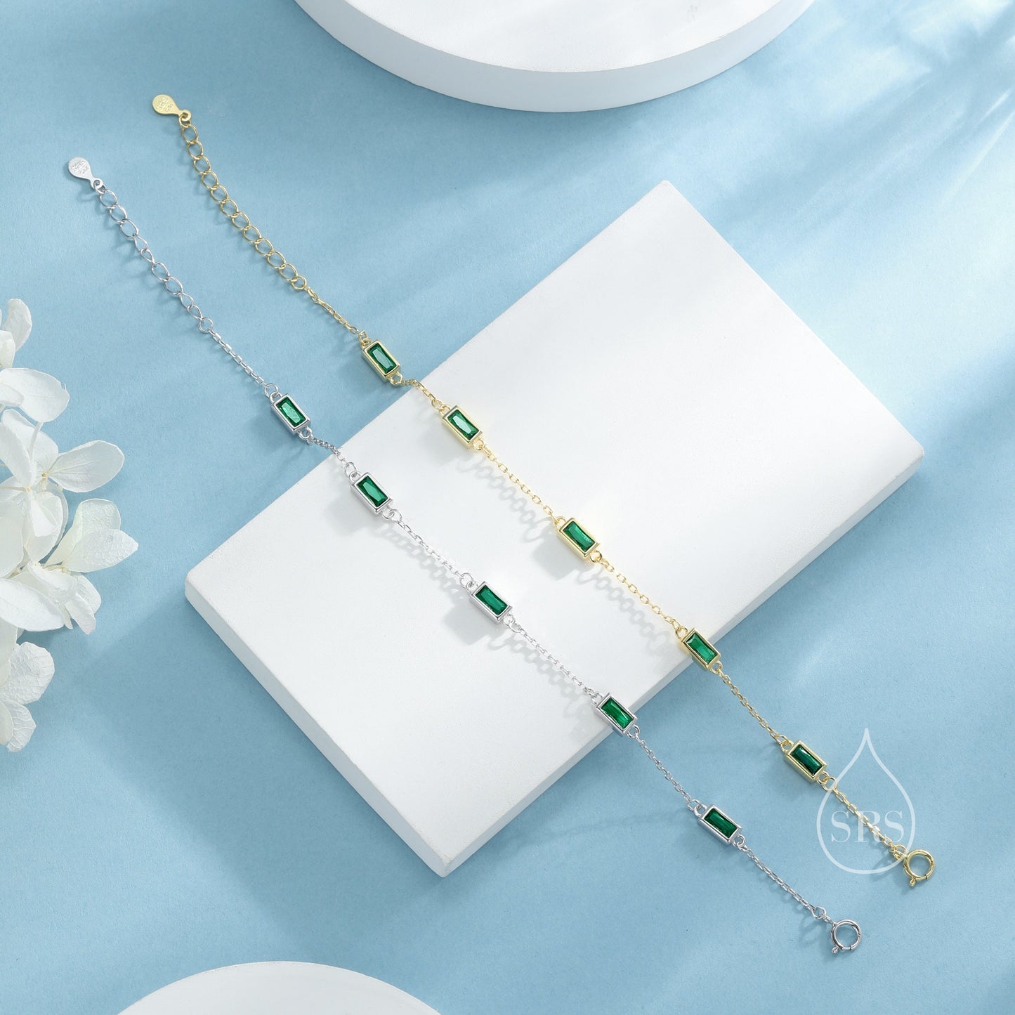 Baguette CZ Satellite Bracelet in Sterling Silver, Silver or Gold, Five Baguette CZ Bracelet, Chain Bracelet, Delicate CZ Bracelet