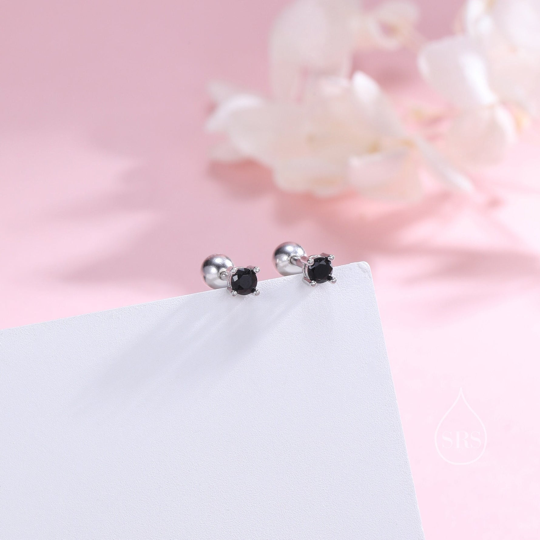 Tiny Black CZ Screw Back Earrings in Sterling Silver, 3mm or 4mm or 5mm CZ, Stacking Earrings, Black CZ Barbell Earrings, Helix Earrings
