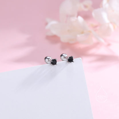 Tiny Black CZ Screw Back Earrings in Sterling Silver,  3mm or 4mm or 5mm CZ,  Stacking Earrings, Black CZ Barbell Earrings, Helix Earrings