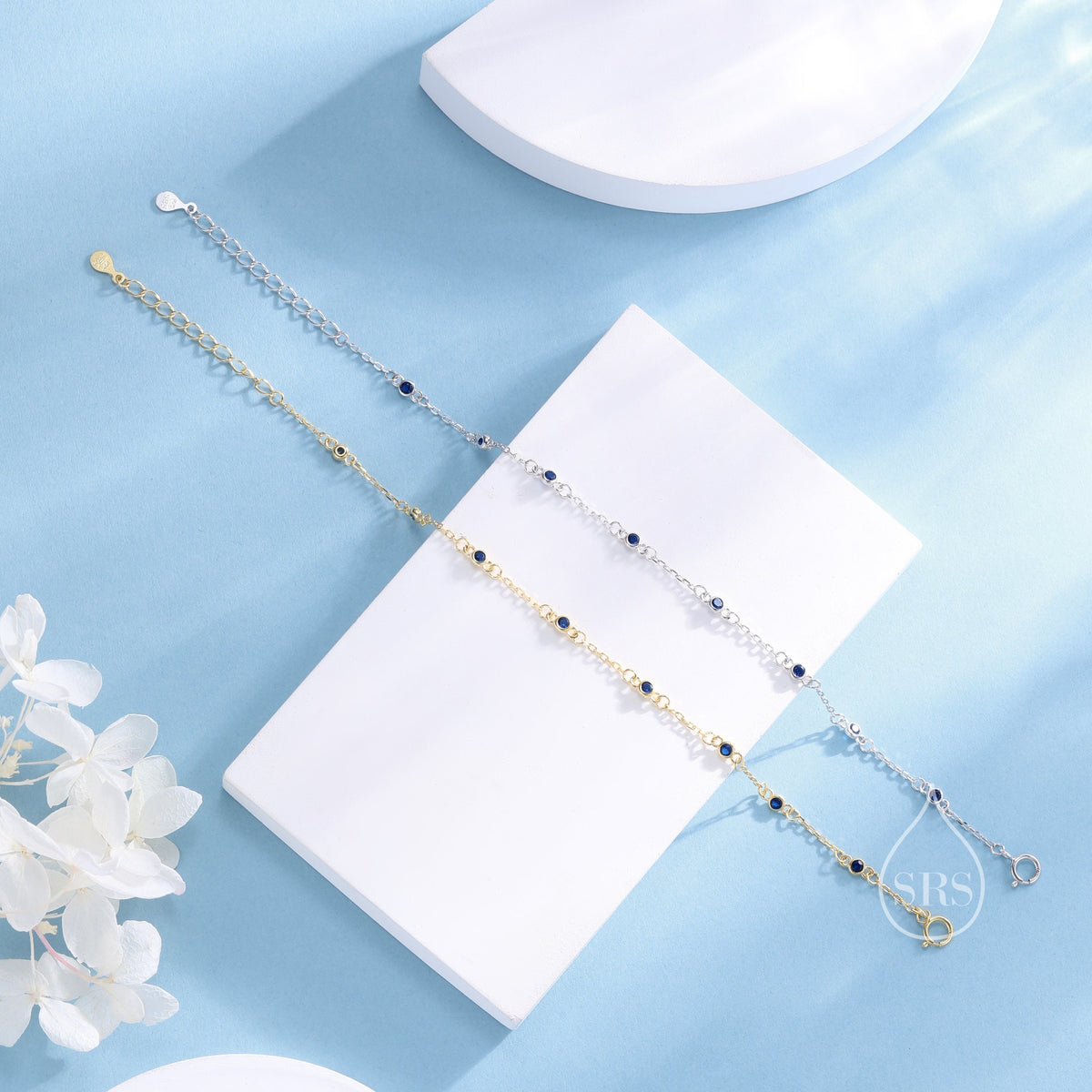 Sterling Silver Extra Delicate Sapphire Blue CZ Bezel Bracelet, Silver or Gold, CZ Satellite Bracelet, Tiny Delicate CZ Bracelet