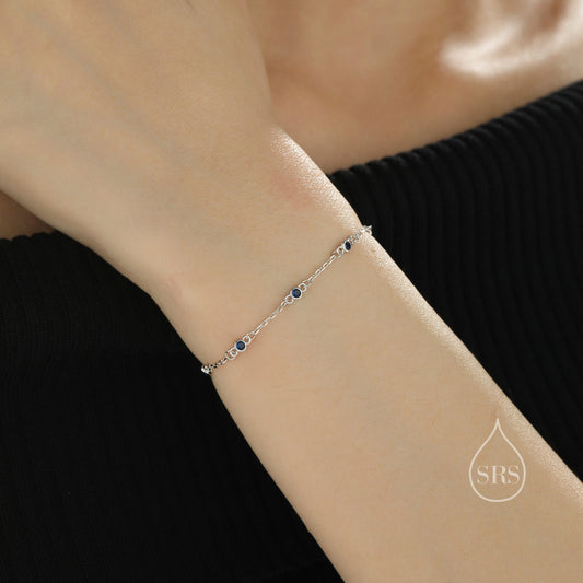 Sterling Silver Extra Delicate Sapphire Blue CZ Bezel Bracelet, Silver or Gold, CZ Satellite Bracelet, Tiny Delicate CZ Bracelet