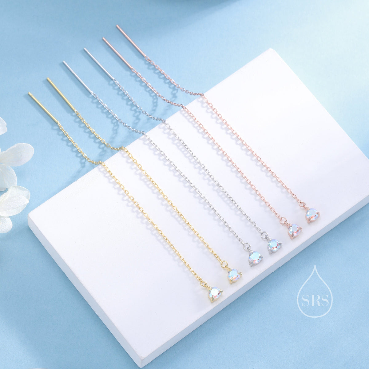 Aurora CZ Threader Earrings in Sterling Silver, Silver or Gold or Rose Gold, Tiny CZ Crystal Ear Threaders, Prong Set CZ Earring