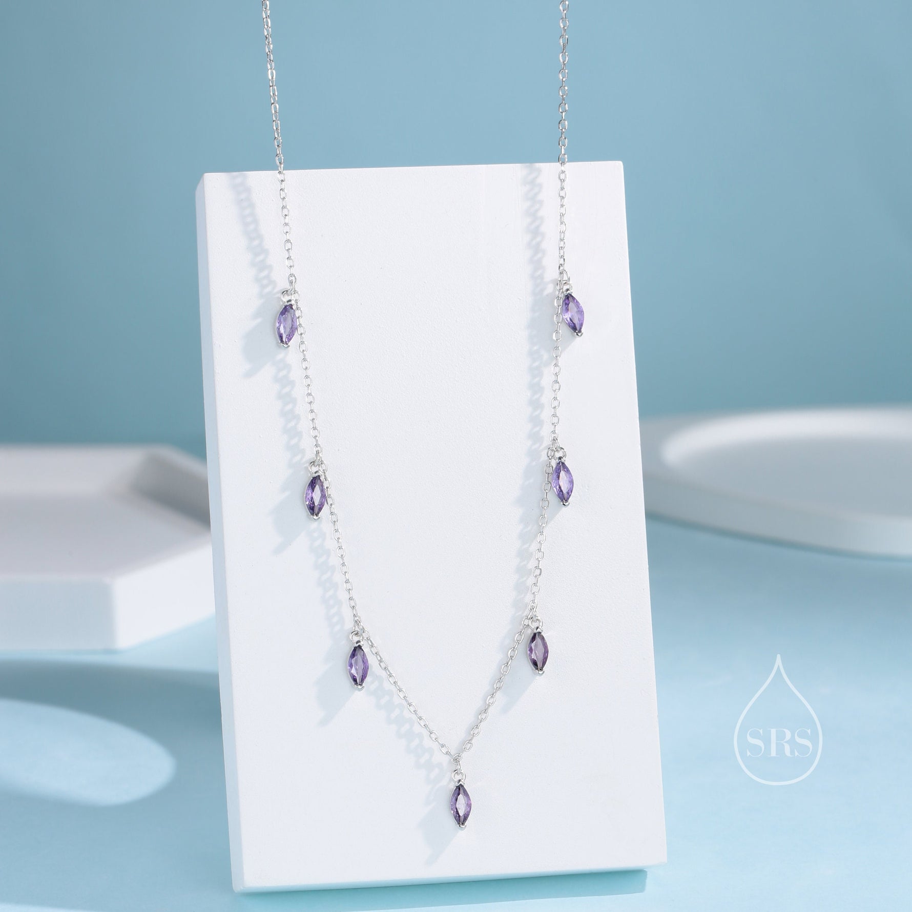 Amethyst Purple CZ Marquise Pendant Necklace in Sterling Silver, Silver or Gold, Marquise Charm Necklace, Droplet Satellite Necklace