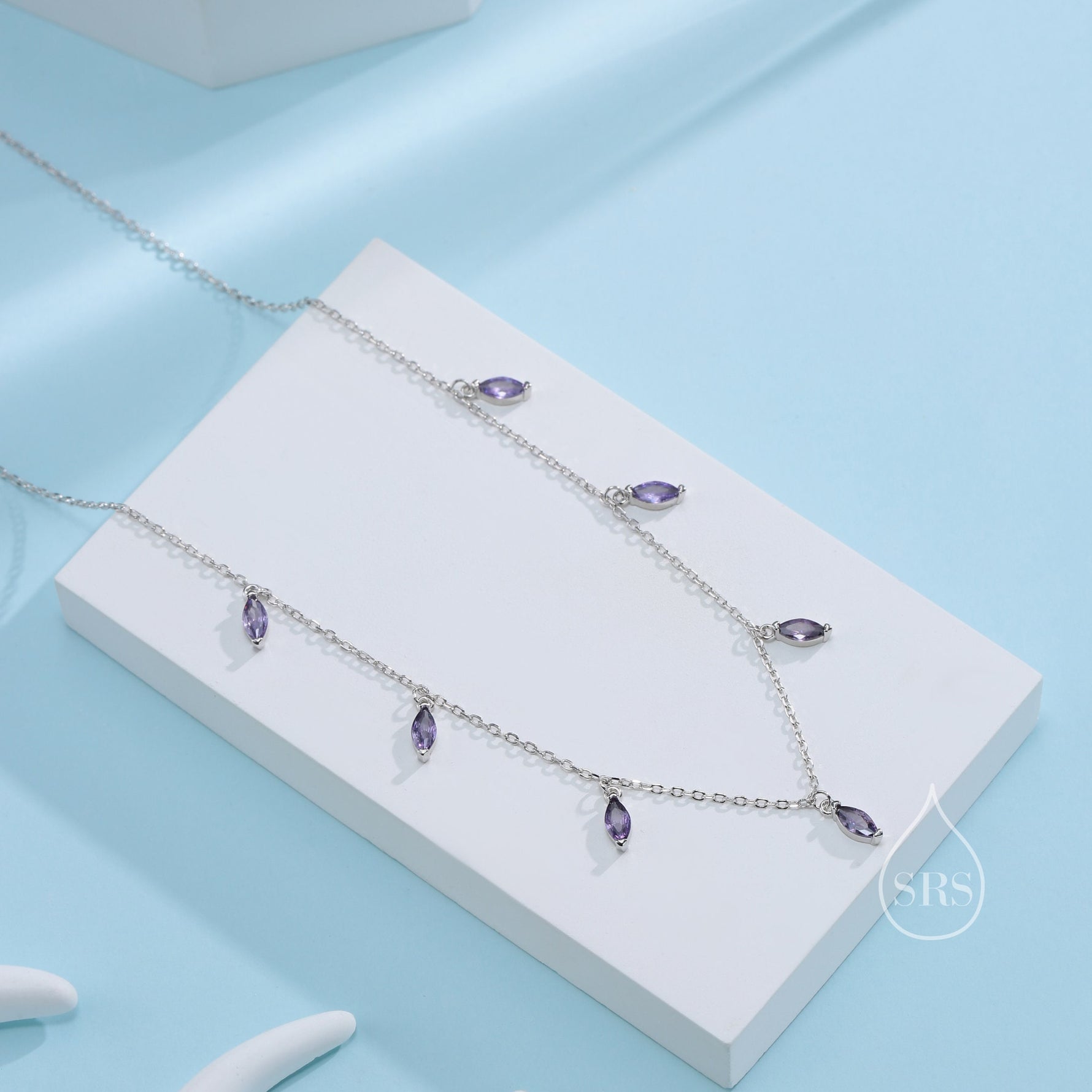 Amethyst Purple CZ Marquise Pendant Necklace in Sterling Silver, Silver or Gold, Marquise Charm Necklace, Droplet Satellite Necklace