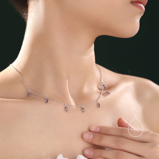 Amethyst Purple CZ Marquise Pendant Necklace in Sterling Silver, Silver or Gold, Marquise Charm Necklace, Droplet Satellite Necklace