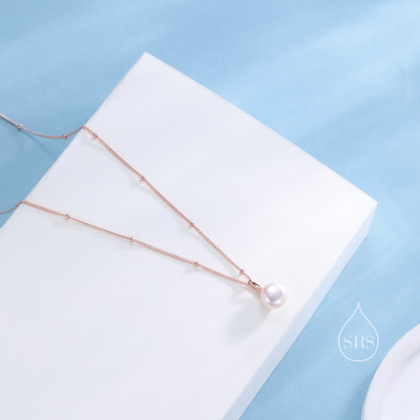 Genuine Freshwater Pearl Pendant Necklace in Sterling Silver, Silver or Gold or Rose Gold, Delicate Button Pearl Necklace Satellite Chain