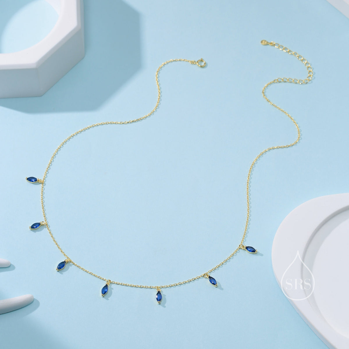 Sapphire Blue CZ Marquise Satellite Chain Necklace