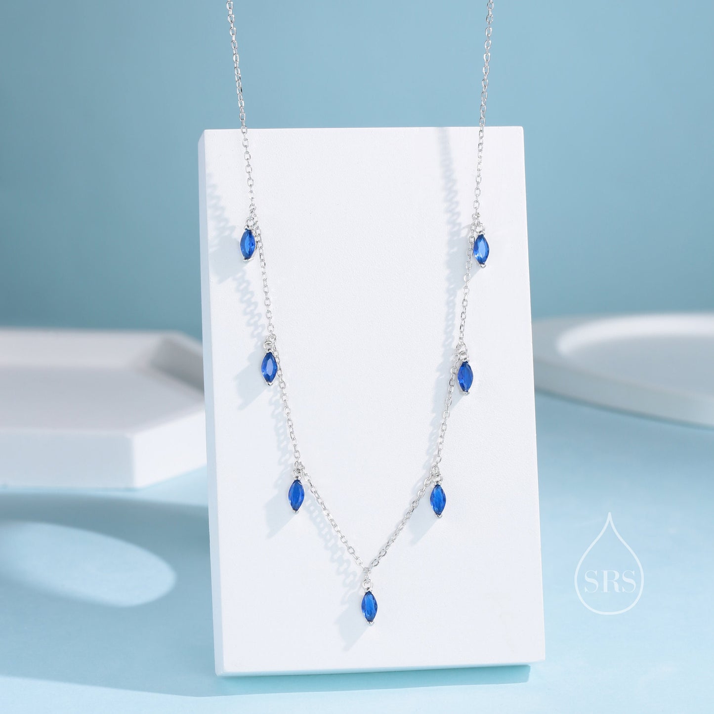 Sapphire Blue CZ Marquise Pendant Necklace in Sterling Silver, Silver or Gold, Marquise Charm Necklace, Droplet Satellite Necklace