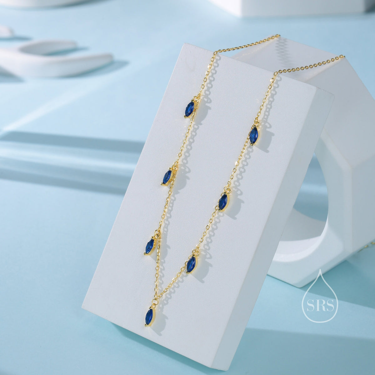Sapphire Blue CZ Marquise Satellite Chain Necklace