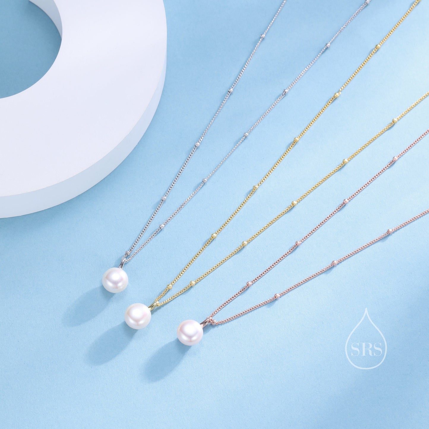 Genuine Freshwater Pearl Pendant Necklace in Sterling Silver, Silver or Gold or Rose Gold, Delicate Button Pearl Necklace Satellite Chain