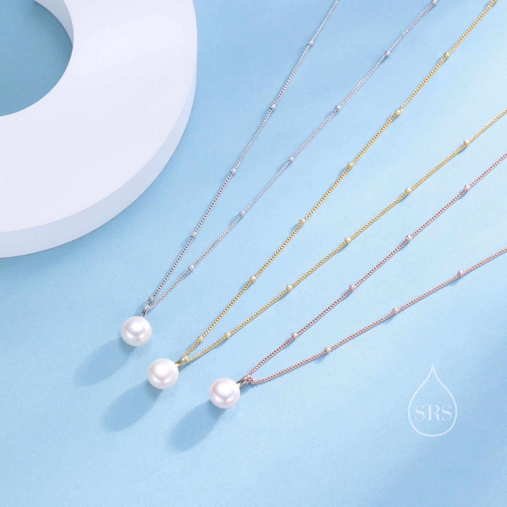 Genuine Freshwater Pearl Pendant Necklace in Sterling Silver, Silver or Gold or Rose Gold, Delicate Button Pearl Necklace Satellite Chain