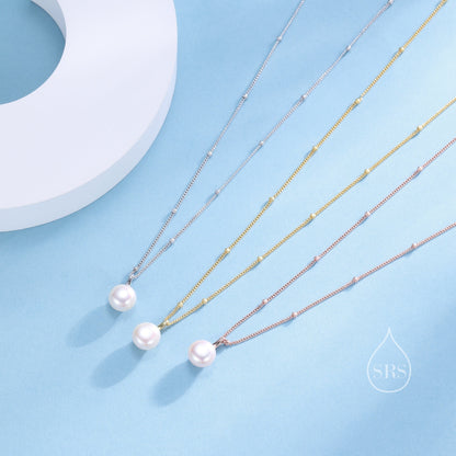 Genuine Freshwater Pearl Pendant Necklace in Sterling Silver, Silver or Gold or Rose Gold, Delicate Button Pearl Necklace Satellite Chain