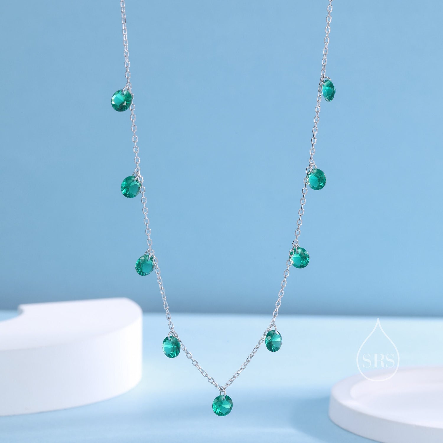 Emerald Green CZ Dangle Necklace in Sterling Silver, Silver or Gold, Satellite Crystal Necklace, Solid Silver Motif Necklace