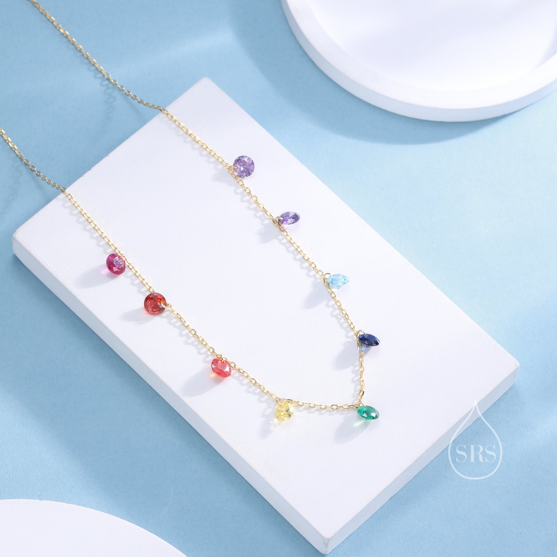Rainbow Spectrum CZ Dangle Necklace in Sterling Silver, Silver or Gold, Satellite Crystal Necklace, Solid Silver Motif Necklace