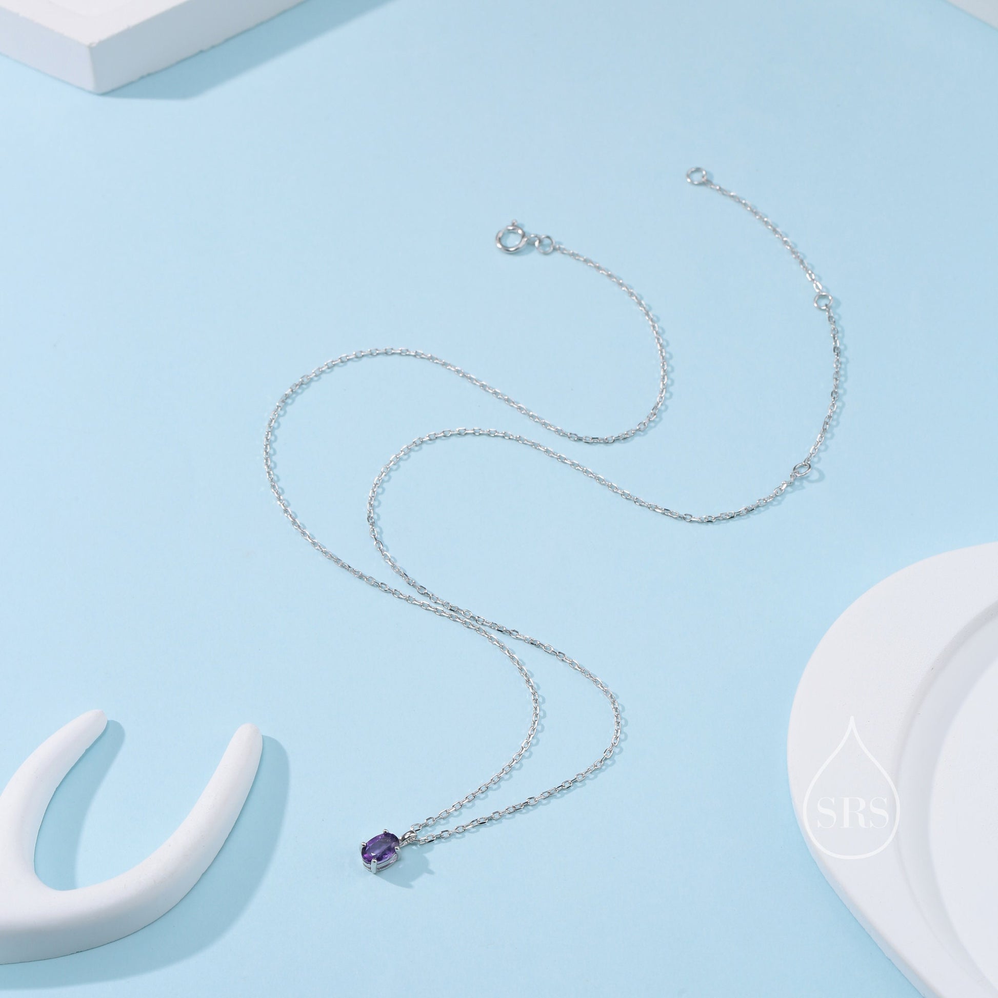 Extra Tiny Genuine Amethyst Crystal Oval Pendant Necklace in Sterling Silver, 4x6mm Tiny Oval Natural Amethyst Necklace, February Birthstone