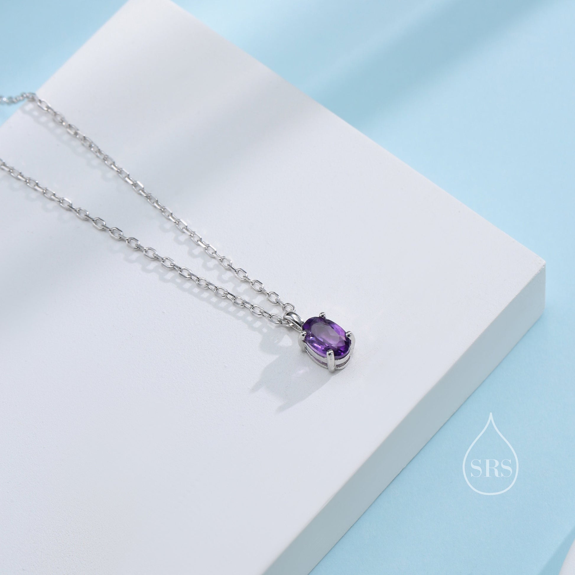 Extra Tiny Genuine Amethyst Crystal Oval Pendant Necklace in Sterling Silver, 4x6mm Tiny Oval Natural Amethyst Necklace, February Birthstone