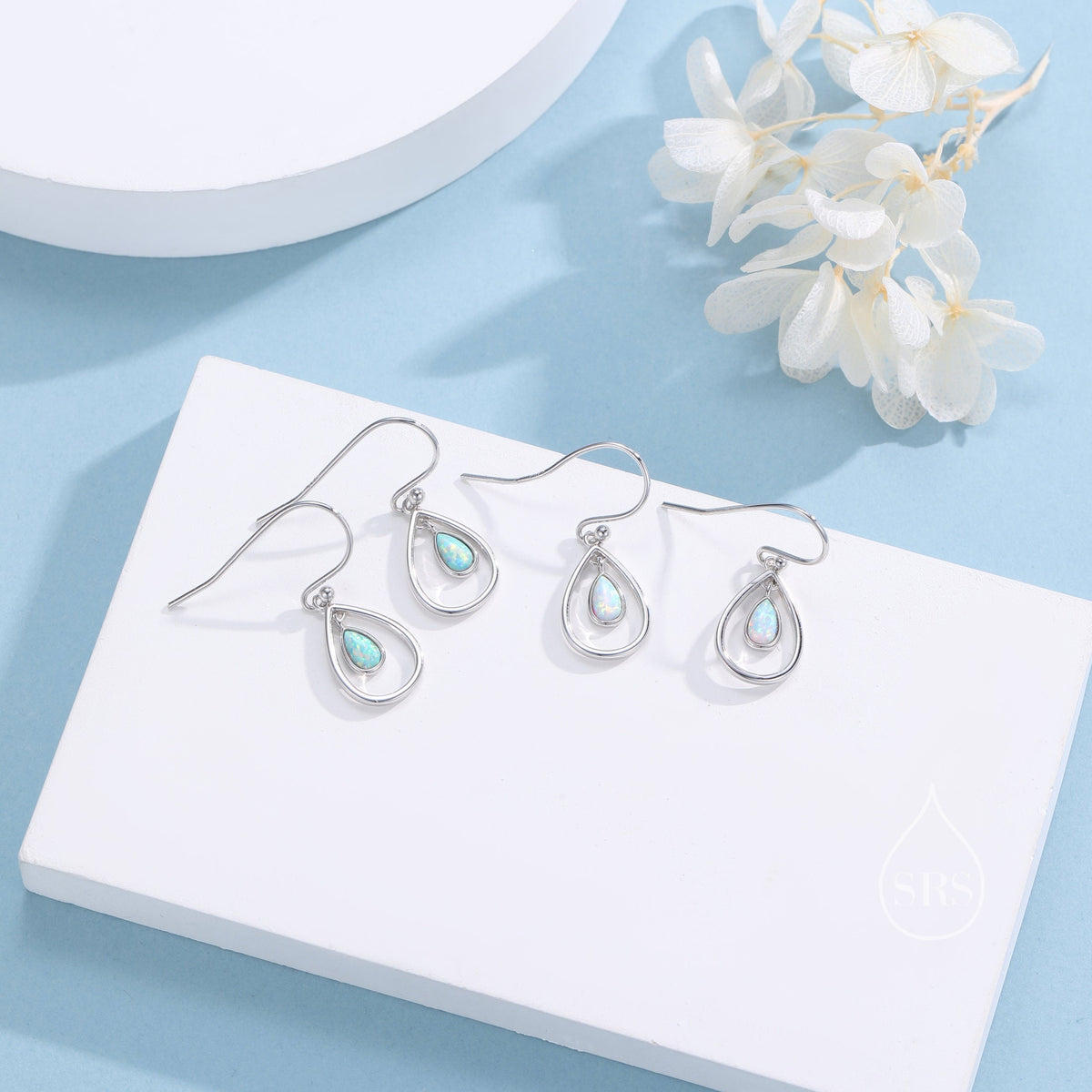 Opal Droplet Drop Hook Earrings in Sterling Silver, Aqua Green Opal or White Opal, Delicate Lab Opal Geometric Earrings, Droplet Earrings