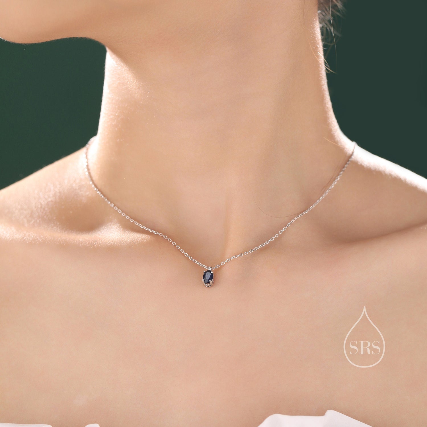 Very Tiny Genuine Sapphire Crystal Oval Pendant Necklace in Sterling Silver, 4x6mm Tiny Oval Natural Sapphire Necklace, September Birthstone
