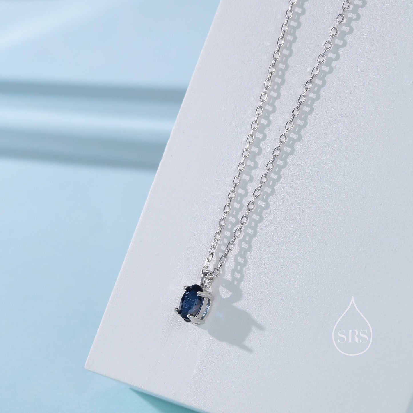 Very Tiny Genuine Sapphire Crystal Oval Pendant Necklace in Sterling Silver, 4x6mm Tiny Oval Natural Sapphire Necklace, September Birthstone