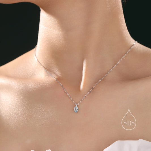 Very Tiny Genuine Swiss Blue Topaz Crystal Oval Pendant Necklace in Sterling Silver, 4x6mm Tiny Oval Blue Topaz Necklace, March Birthstone