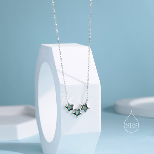 Aurora Black CZ Triple Star Pendant Necklace in Sterling Silver, Silver or Gold, Three Star AB Crystal Necklace, Mystic Topaz Black CZ