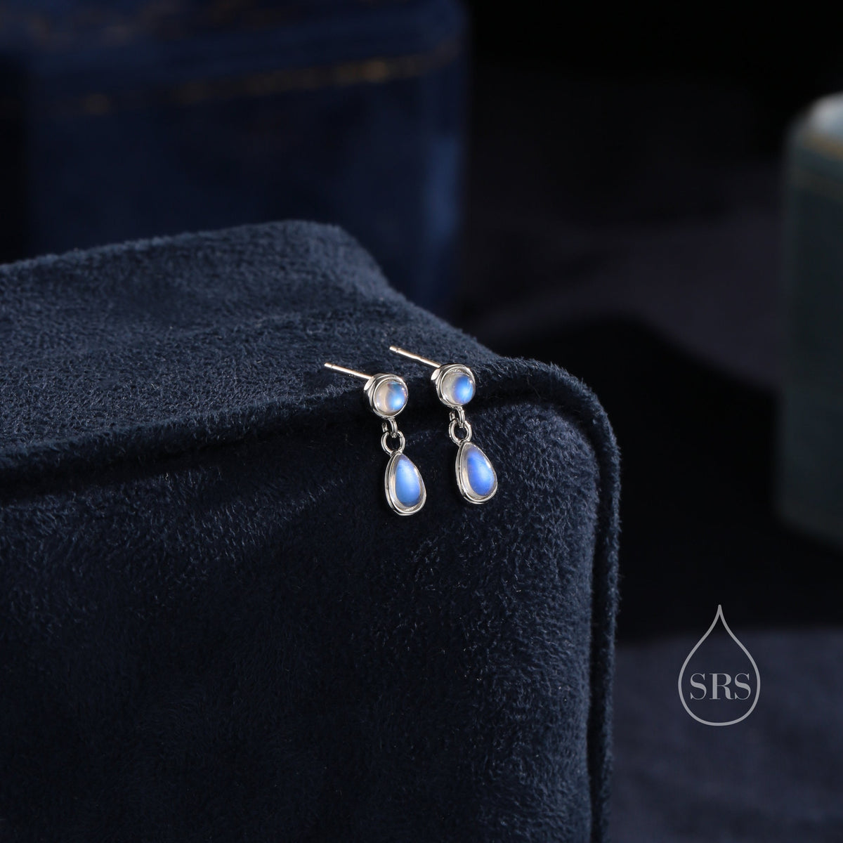 Double Moonstone Dangle Earrings in Sterling Silver, Silver or Gold, Round and Droplet Lab Moonstone Bezel Earrings, Two Moonstone Earrings