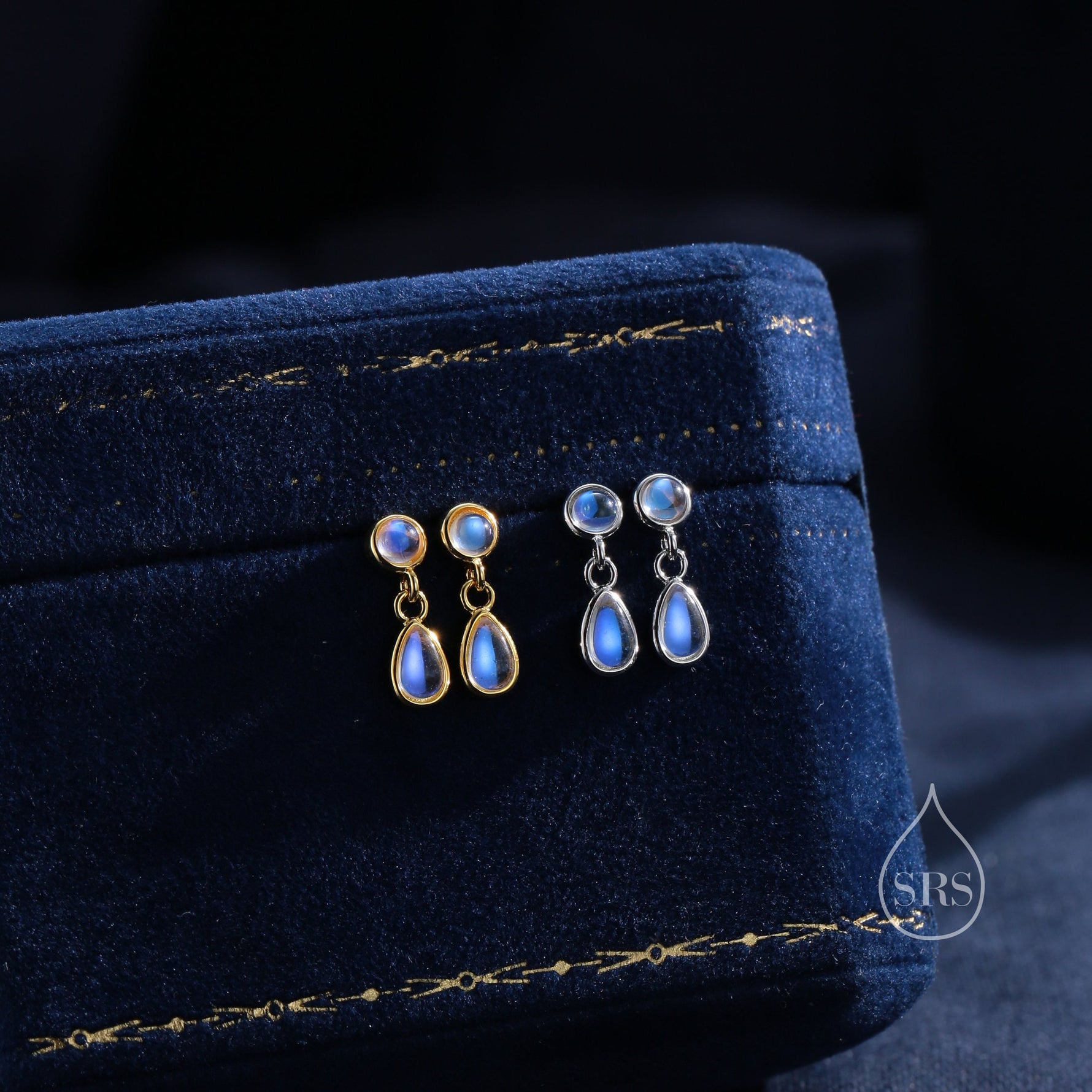Double Moonstone Dangle Earrings in Sterling Silver, Silver or Gold, Round and Droplet Lab Moonstone Bezel Earrings, Two Moonstone Earrings