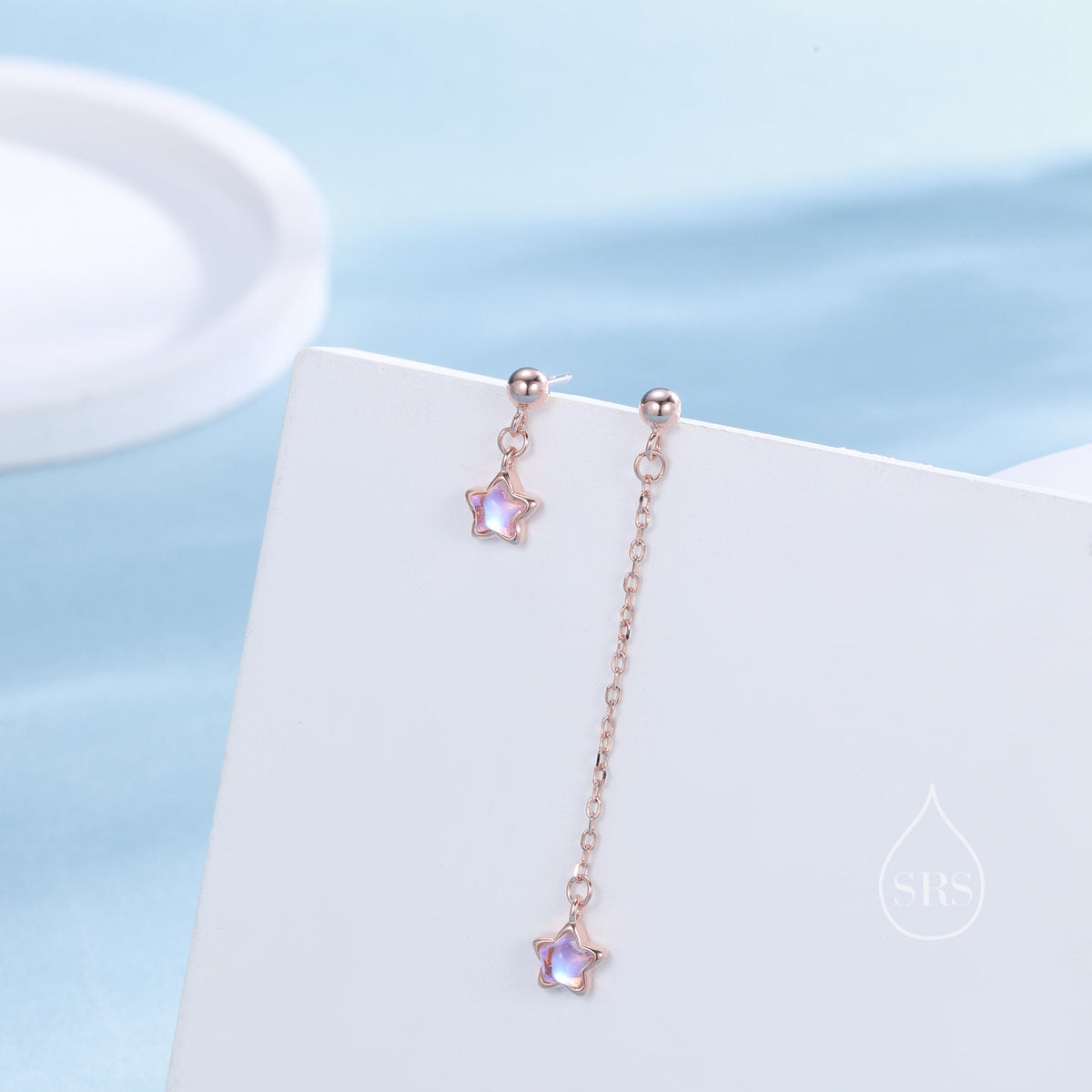 Asymmetric Tiny Moonstone Star Dangle Stud Earrings in Sterling Silver
