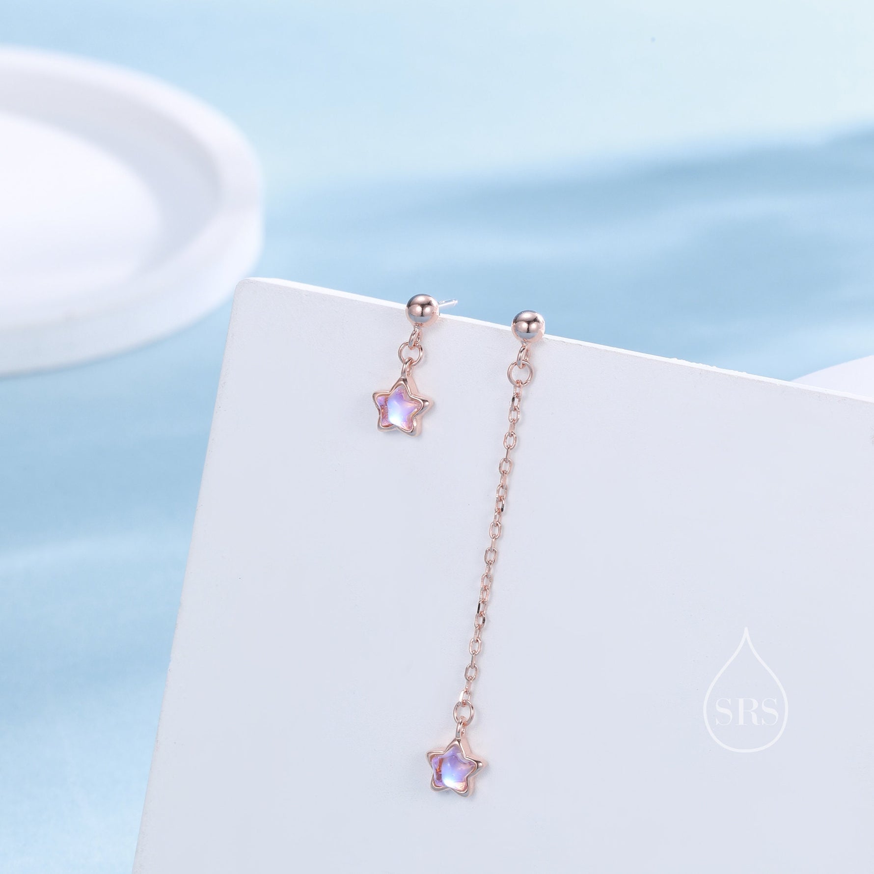 Asymmetric Tiny Moonstone Star Dangle Stud Earrings in Sterling Silver