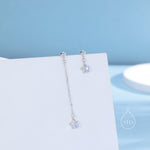 Asymmetric Tiny Moonstone Star Dangle Stud Earrings in Sterling Silver