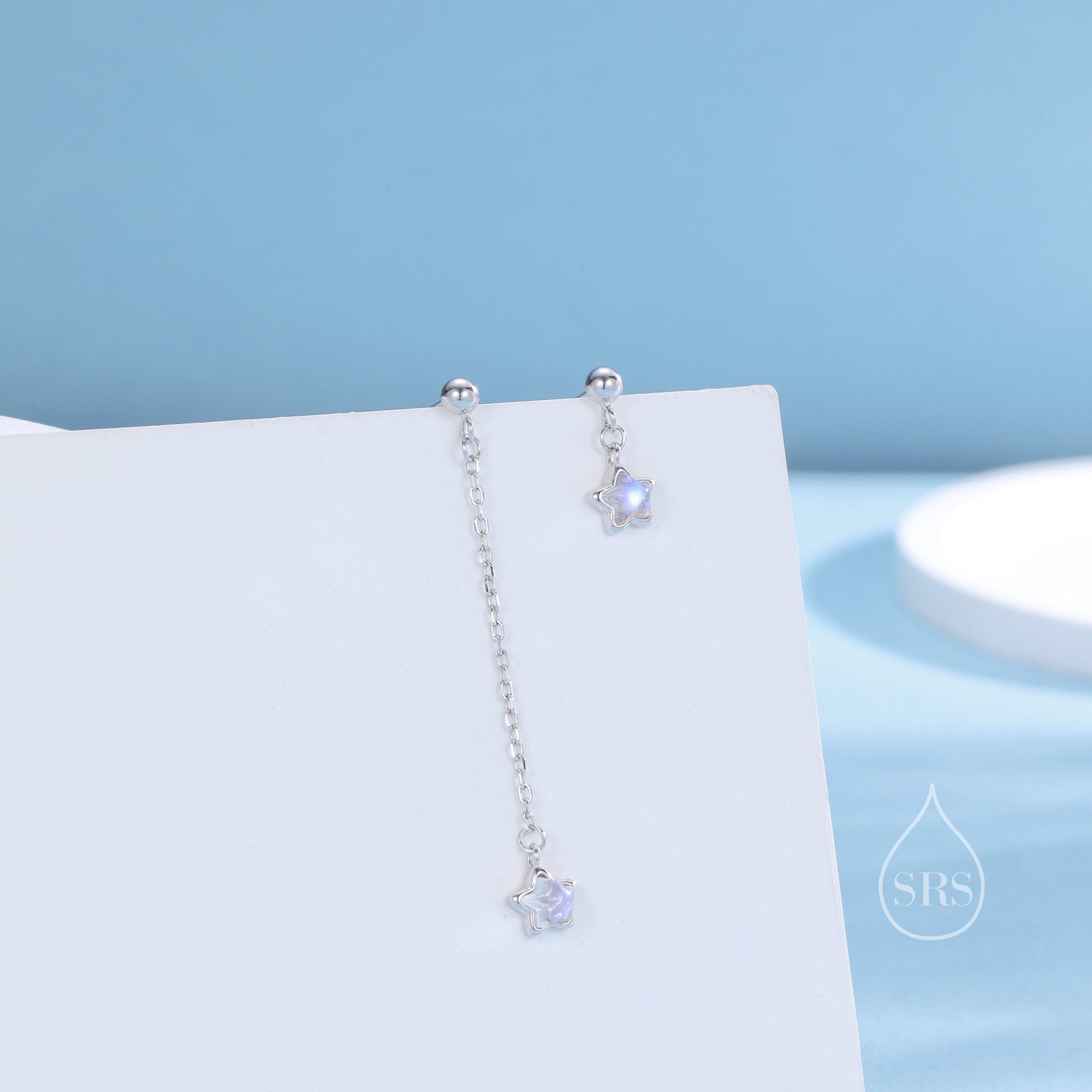 Asymmetric Tiny Moonstone Star Dangle Stud Earrings in Sterling Silver