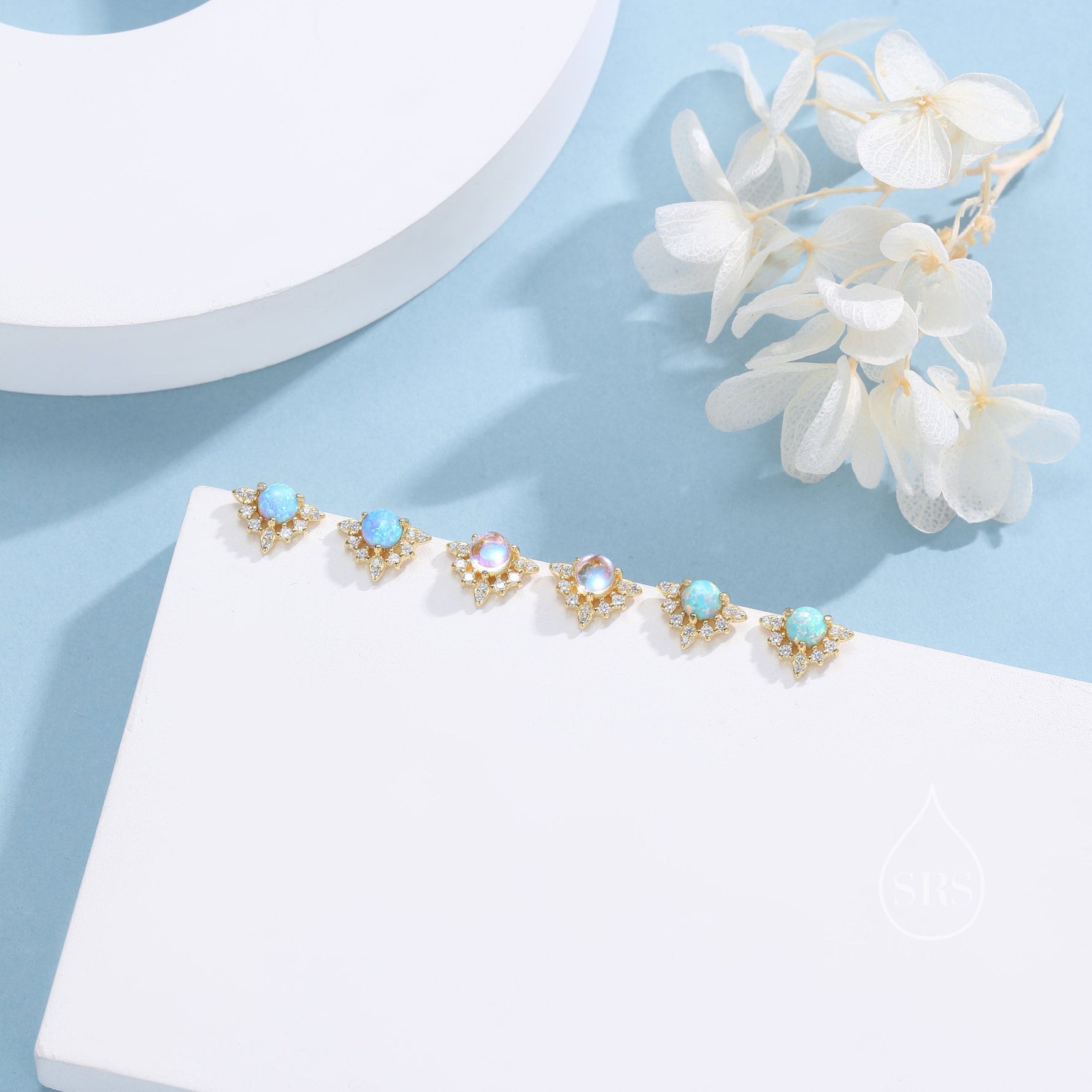 Vintage Inspired Moonstone Flower CZ Stud Earrings, Lab Moonstone Halo CZ Earrings, Simulated Moonstone Earrings