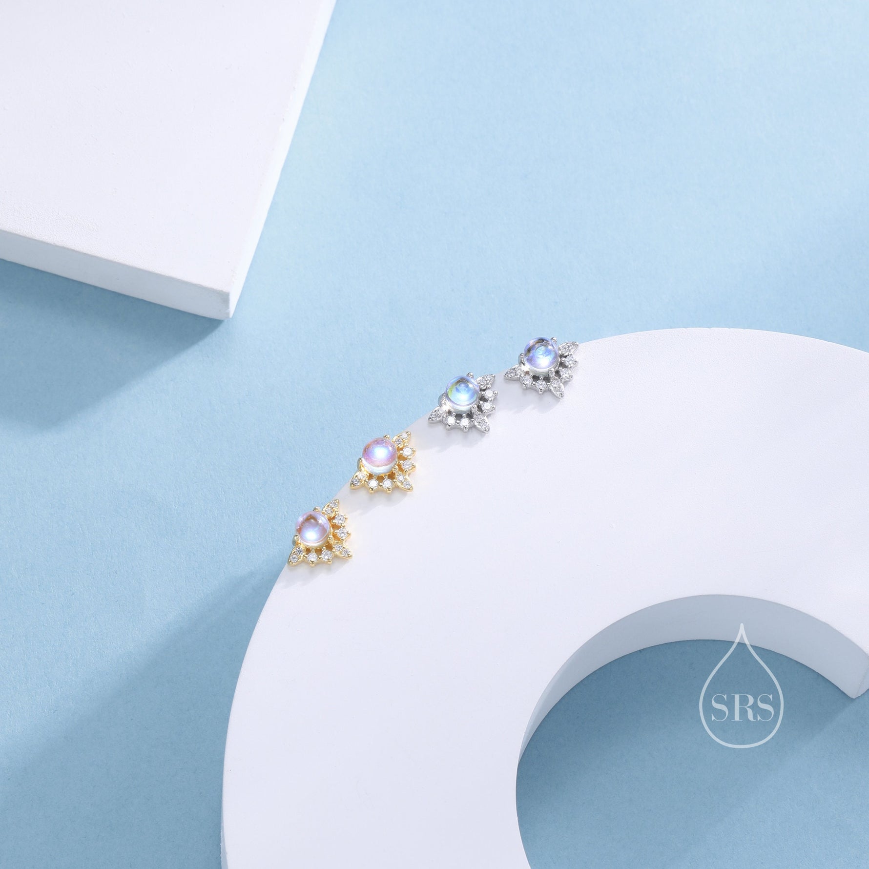 Vintage Inspired Moonstone Flower CZ Stud Earrings, Lab Moonstone Halo CZ Earrings, Simulated Moonstone Earrings
