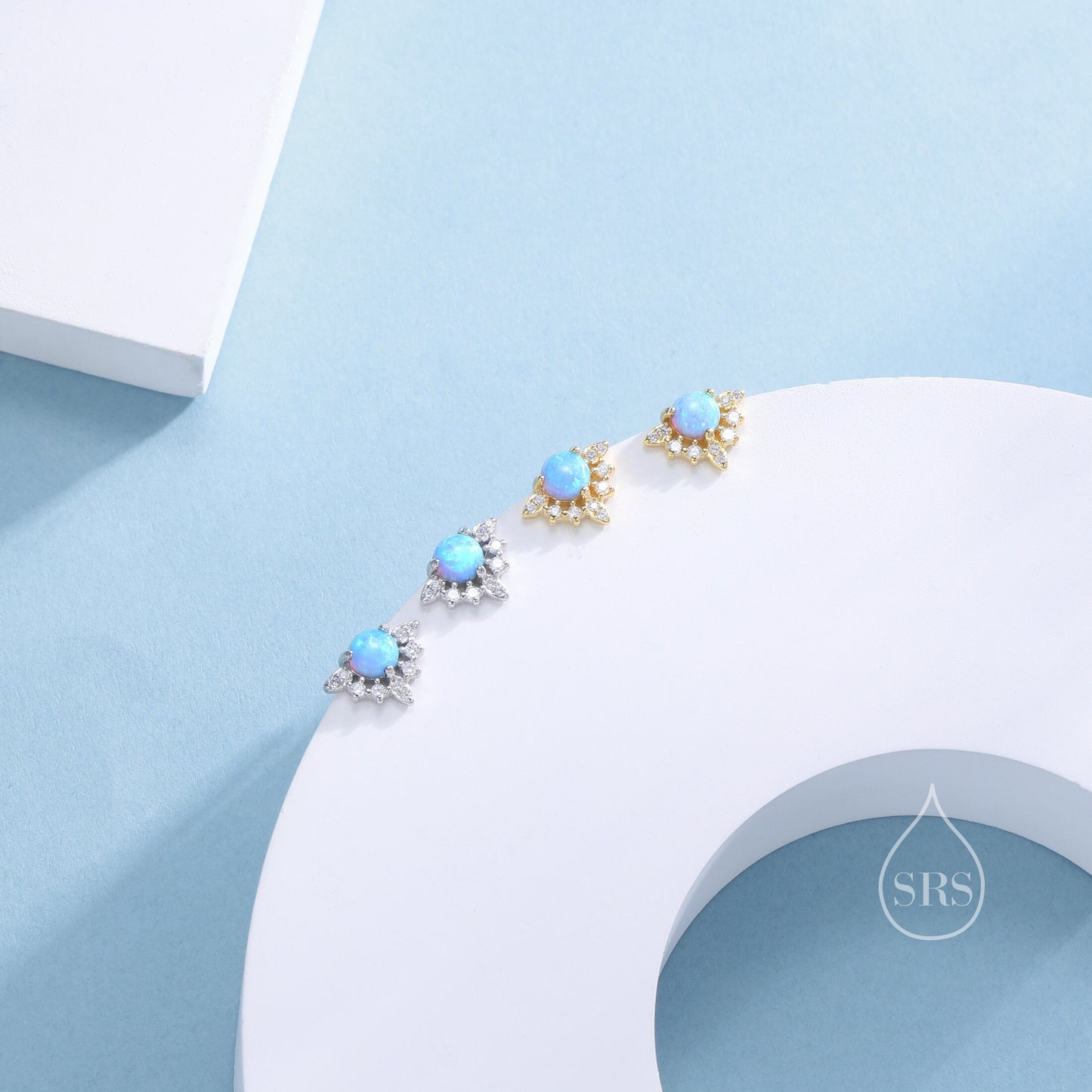 Vintage Inspired Blue Opal Flower CZ Stud Earrings, Lab Opal Halo CZ Earrings, Simulated Opal Earrings