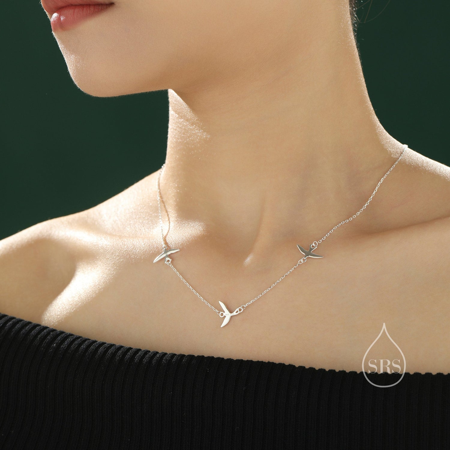 Flying Bird Satellite Necklace in Sterling Silver, Swallow Bird Necklace, Silver or Gold - Cute Quirky and Fun Jewellery
