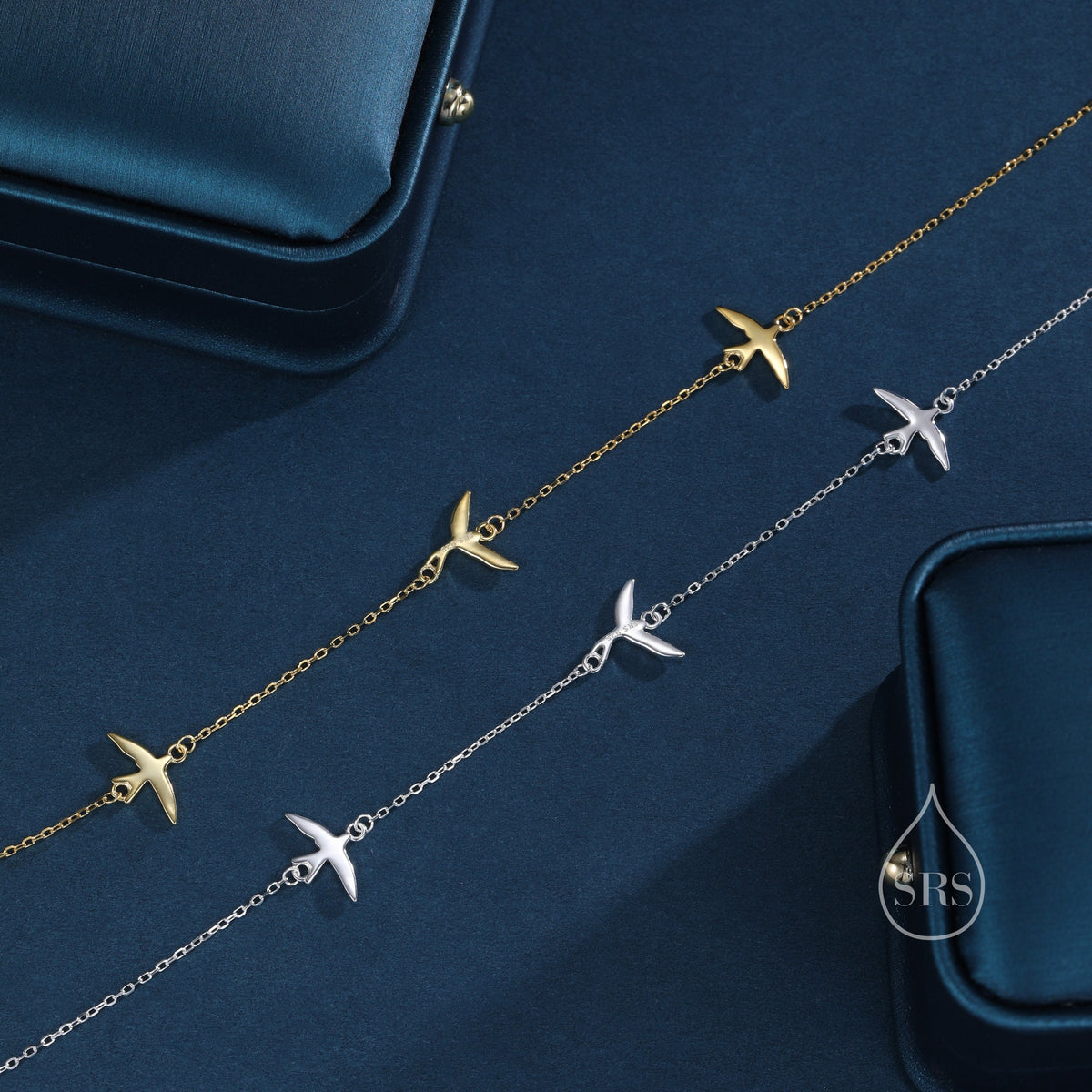 Flying Bird Satellite Necklace in Sterling Silver, Swallow Bird Necklace, Silver or Gold - Cute Quirky and Fun Jewellery
