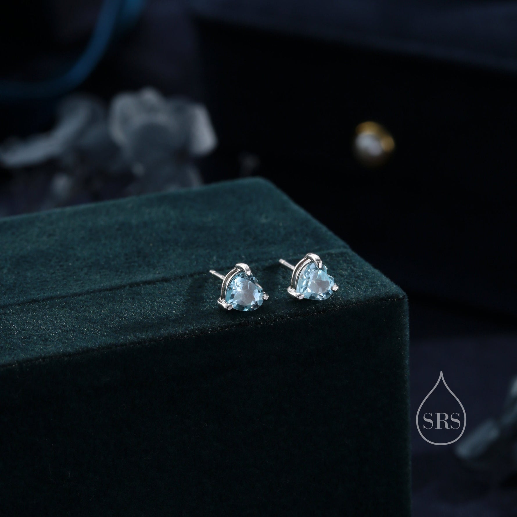 Natural Blue Topaz Stone Heart Stud Earrings in Sterling Silver - Silver or Gold, 5mm Genuine Blue Topaz Crystal Stud Earrings