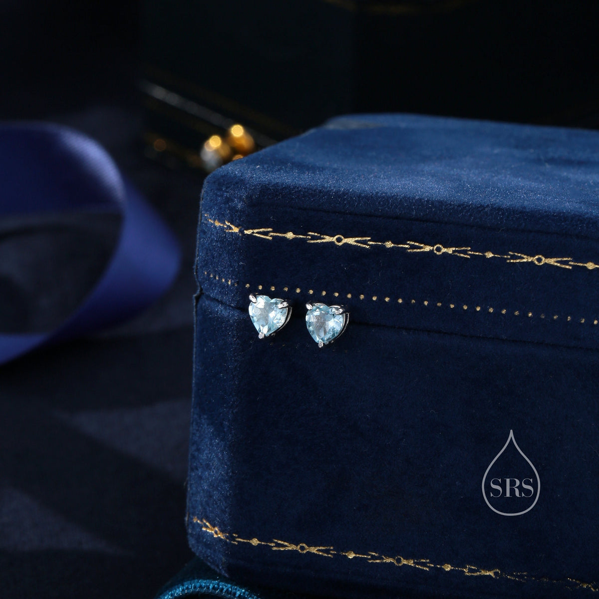 Natural Blue Topaz Stone Heart Stud Earrings in Sterling Silver - Silver or Gold, 5mm Genuine Blue Topaz Crystal Stud Earrings