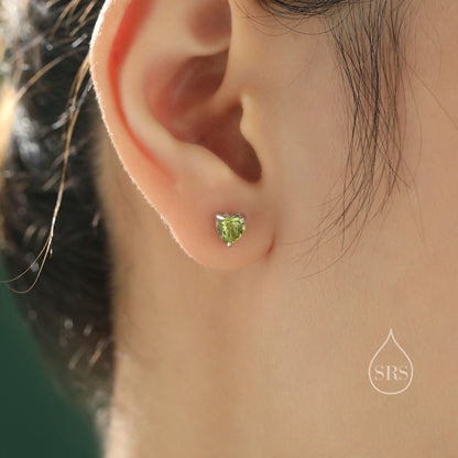 Natural Peridot Stone Heart Stud Earrings in Sterling Silver - 5mm Genuine Peridot Crystal Stud Earrings  - Semi Precious Gemstone