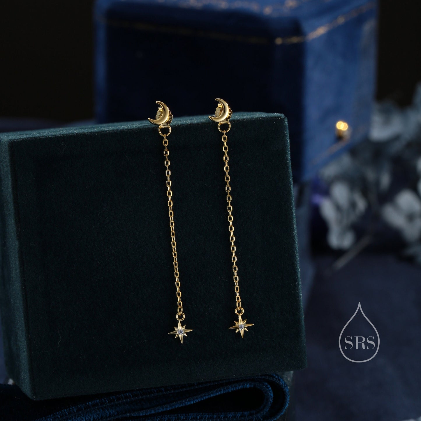 Moon and Star CZ Dangle Earrings in Sterling Silver, Moon and Starburst CZ Dangle Earrings, Silver, Gold or Rose Gold, Front and Back