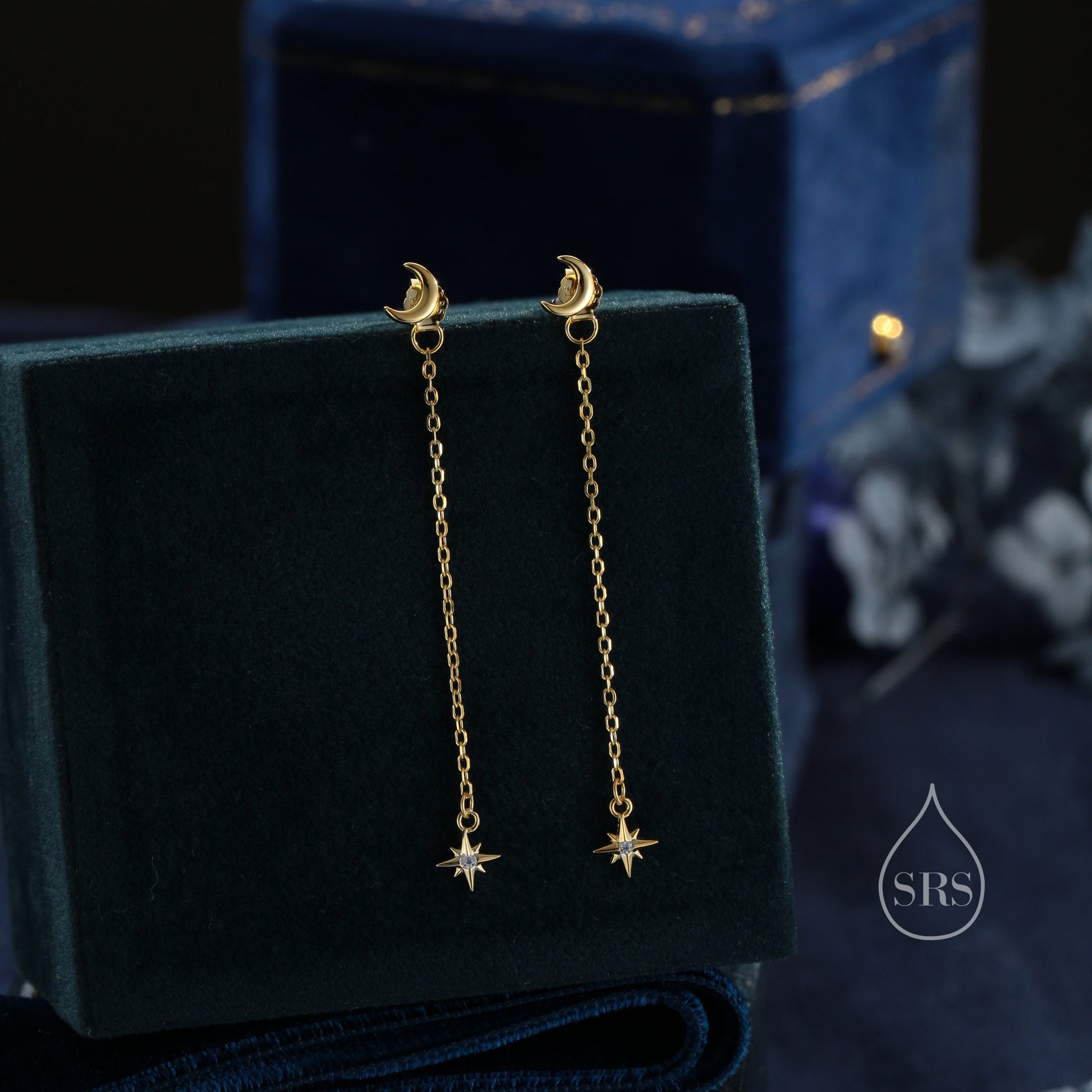 Moon and Star CZ Dangle Earrings in Sterling Silver, Moon and Starburst CZ Dangle Earrings, Silver, Gold or Rose Gold, Front and Back