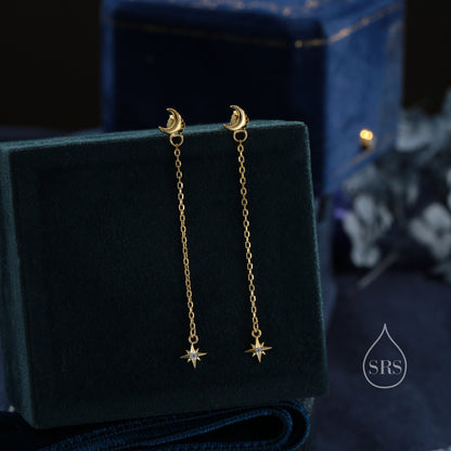 Moon and Star CZ Dangle Earrings in Sterling Silver, Moon and Starburst CZ Dangle Earrings, Silver, Gold or Rose Gold, Front and Back