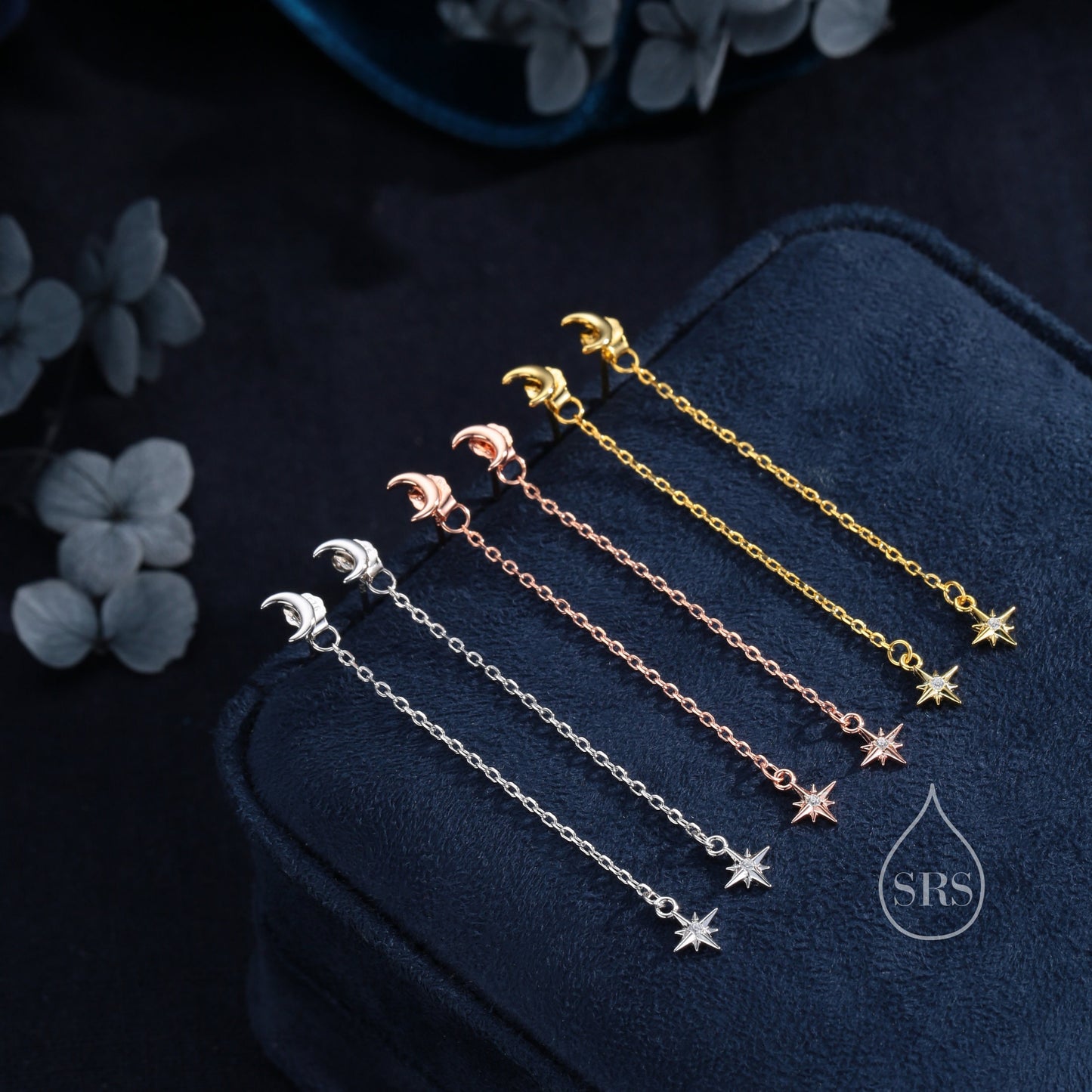 Moon and Star CZ Dangle Earrings in Sterling Silver, Moon and Starburst CZ Dangle Earrings, Silver, Gold or Rose Gold, Front and Back