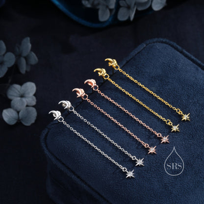 Moon and Star CZ Dangle Earrings in Sterling Silver, Moon and Starburst CZ Dangle Earrings, Silver, Gold or Rose Gold, Front and Back