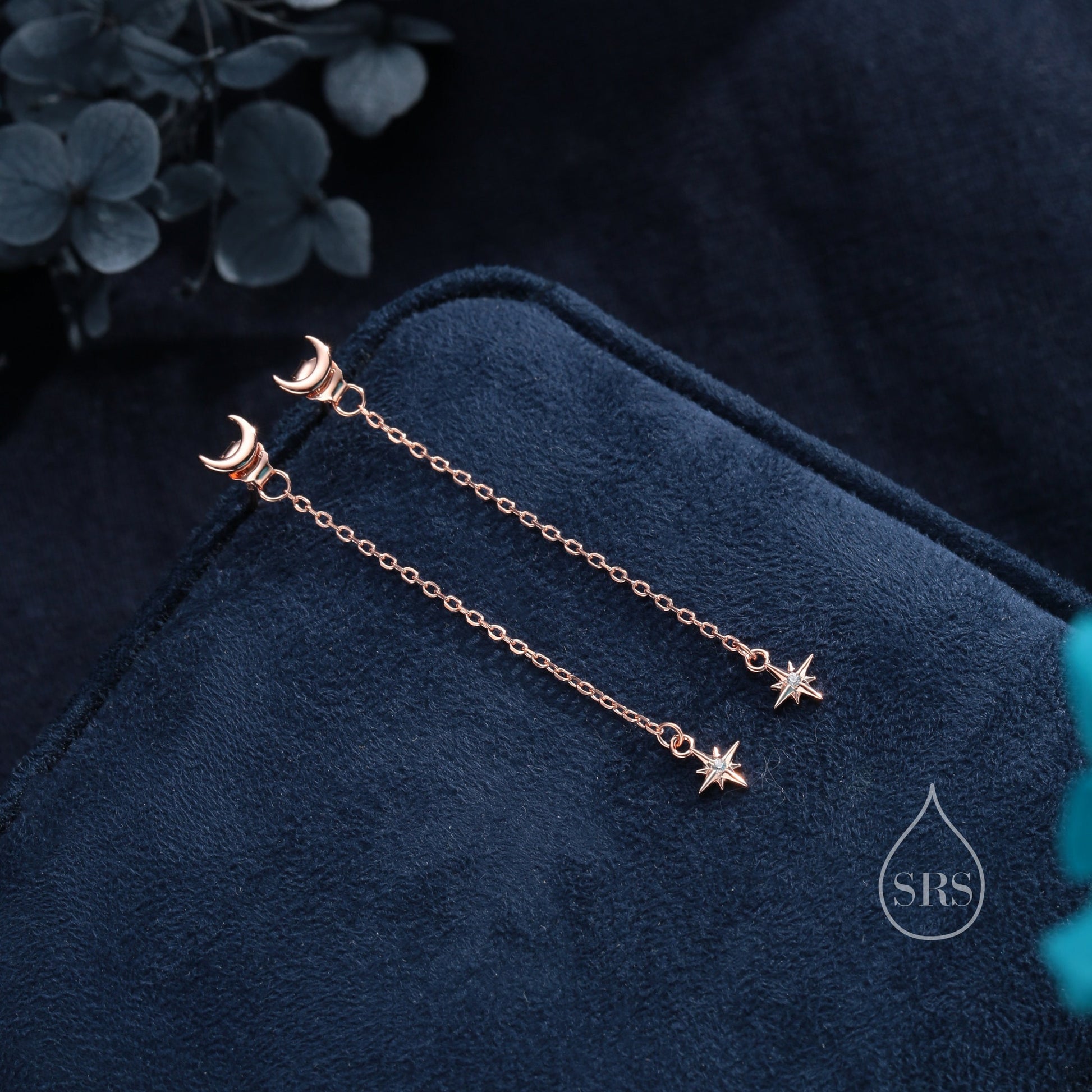 Moon and Star CZ Dangle Earrings in Sterling Silver, Moon and Starburst CZ Dangle Earrings, Silver, Gold or Rose Gold, Front and Back