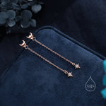 Moon and Star CZ Dangle Earrings in Sterling Silver, Moon and Starburst CZ Dangle Earrings, Silver, Gold or Rose Gold, Front and Back