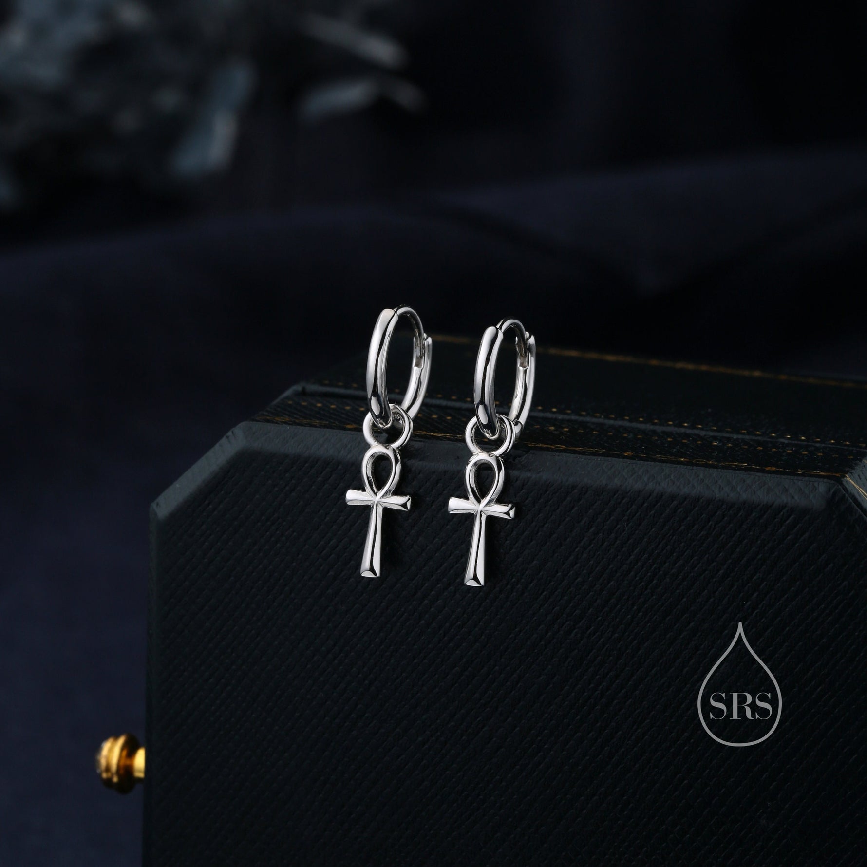 Ankh Huggie Hoop Earrings in Sterling Silver, Silver, Gold or Rose Gold, Egyptian Hieroglyphics Earrings, Ankh Earrings, Detachable Charms